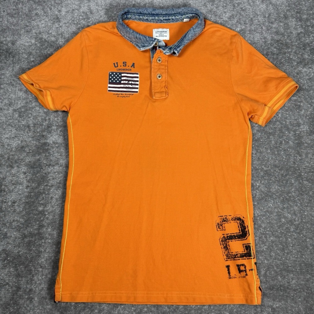 Lindbergh Polo Shirt Men's Small Orange‎ Short Sleeve Denim Collar Y2K Flag
